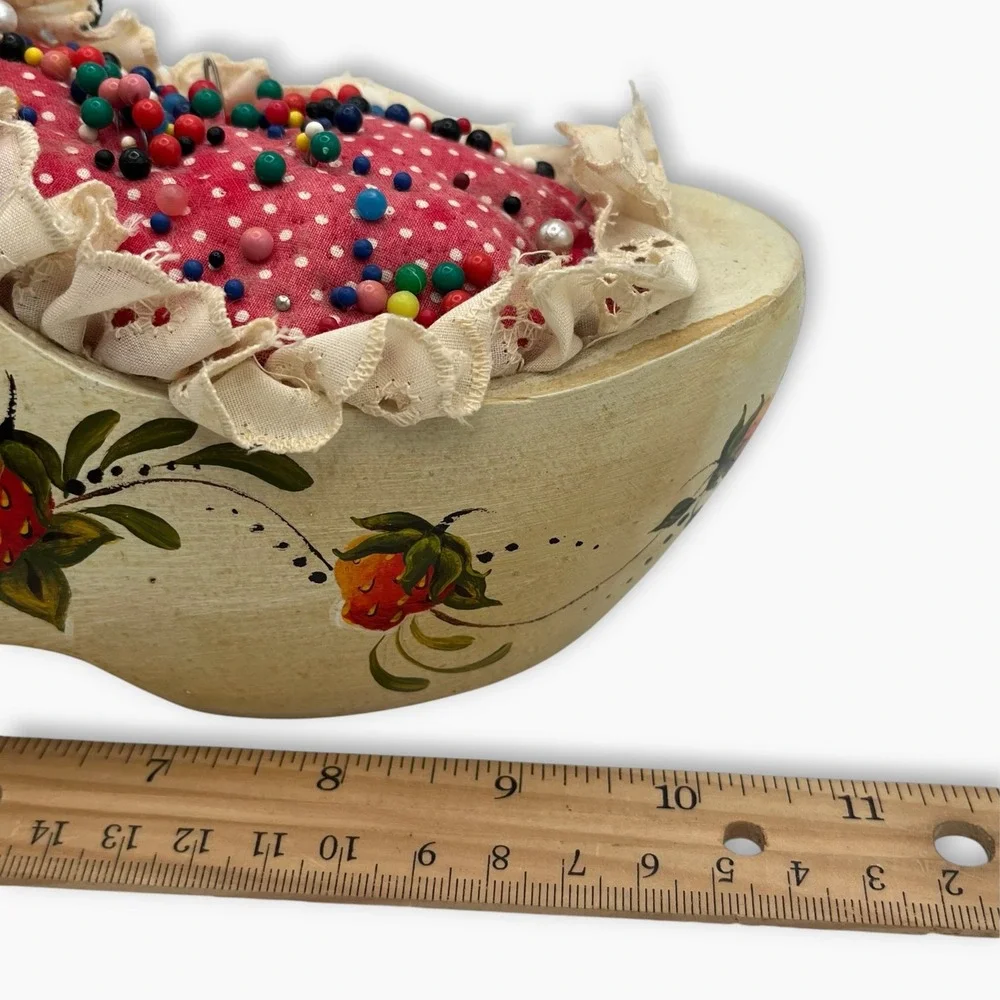 Vintage Hand Painted Wooden Dutch Clog Pin Cushion Strawberry Folk Art Cream